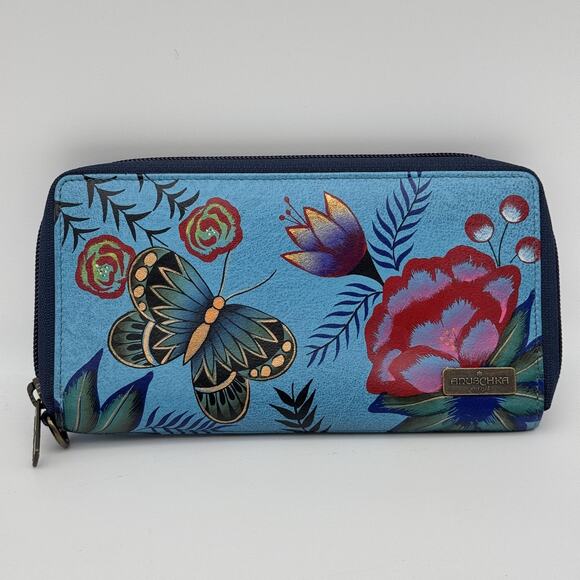 Anuschka Wallet Leather Butterfly Floral Summer Garden RFID Art Zip Around Blue - Picture 1 of 13